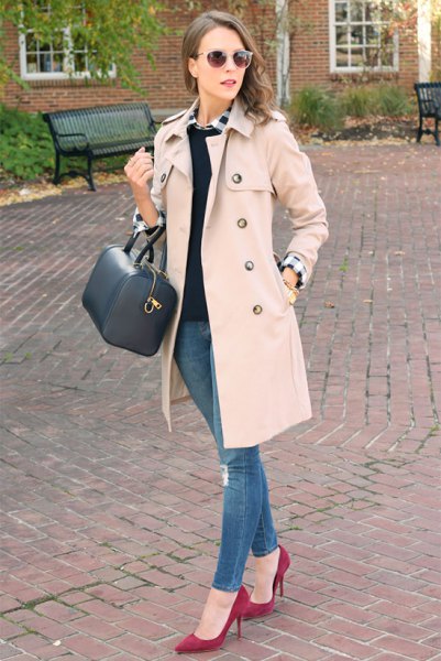 pale pink walker coat with white shirt and black sweater