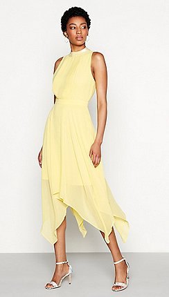Light yellow mock neck fit and flared midi dress