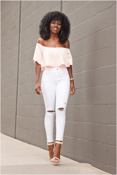 pale yellow off-the-shoulder blouse with white skinny jeans