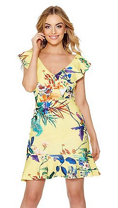 light yellow dress with ruffled sleeves and a V-neckline and floral pattern