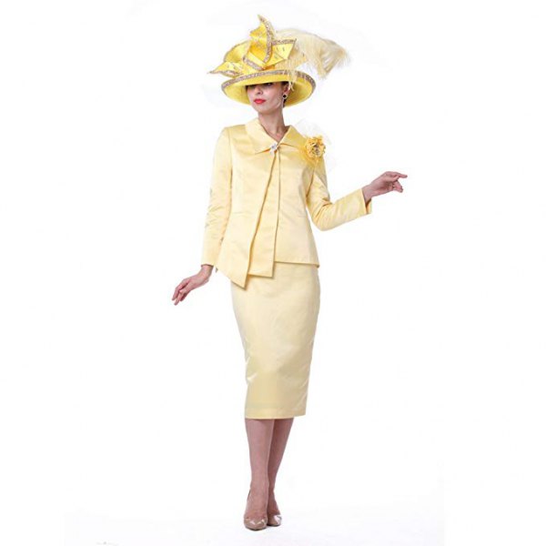 Light yellow wrap blazer with midi skirt and church hat
