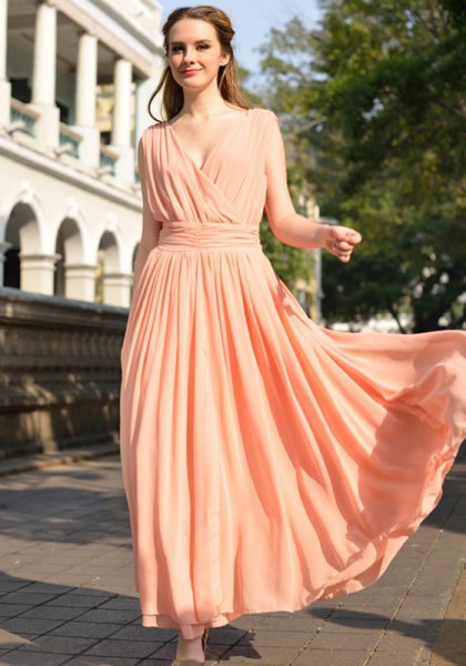 Peach deep v-neck ruched waist long flowing dress