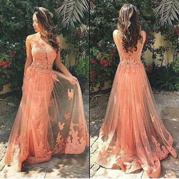Peach lace and floor-length long, flared dress made of chiffon