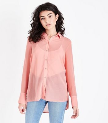 Peach Semi Sheer Button Up Shirt with light blue mom jeans