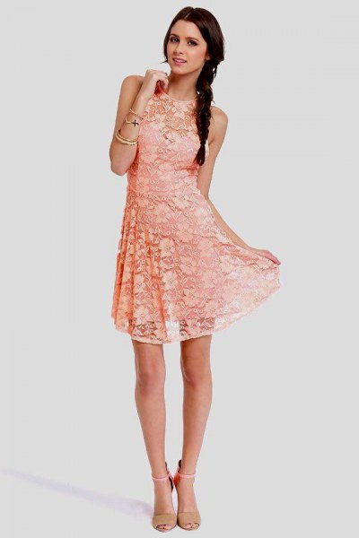 Peach sleeveless lace fit and flare mini dress with blushing pink heels