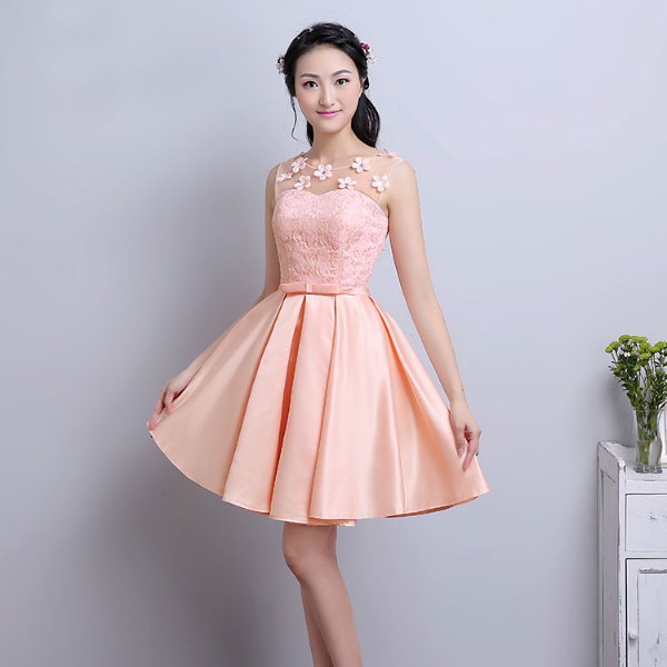 Peach two-tone fit and flared lace and knee length silk dress