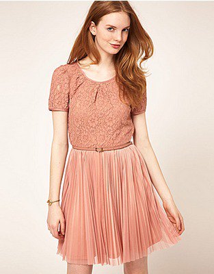 Peach two-tone short-sleeved lace and pleated mini hangover dress made of chiffon