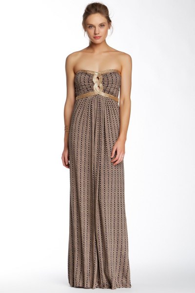 pink and black patterned ruched waist maxi strapless dress