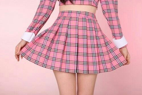 pink and black checked long-sleeved top with matching skater mini-skirt