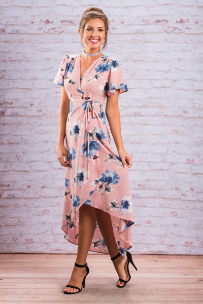 High-low maxi dress with pink and blue floral print