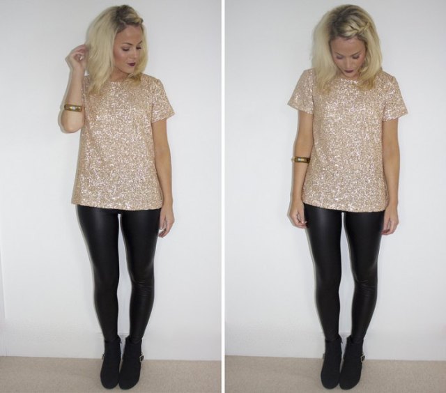 pink and silver sequin t-shirt with black leather gaiters