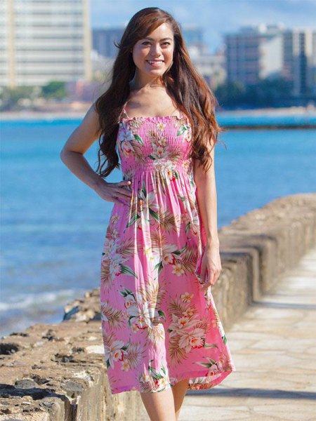 pink and white floral fit and flared midi dress