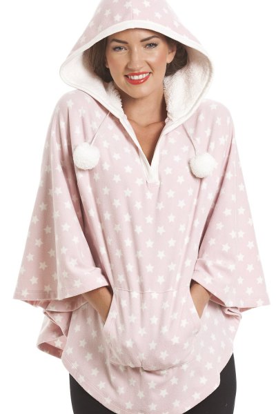 pink and white polka dot fleece poncho with hood