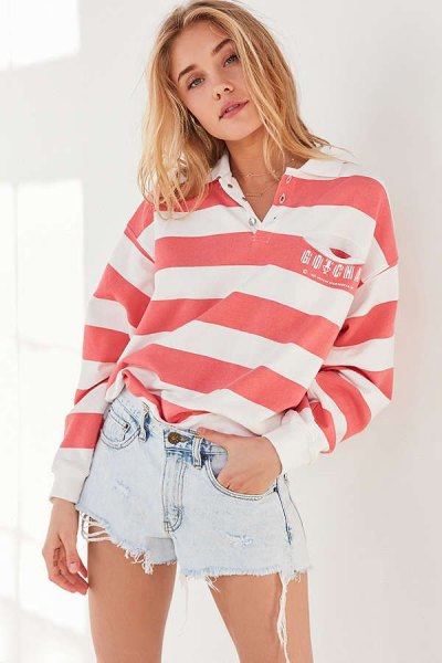 pink and white, wide striped sweatshirt with collar and mini denim shorts