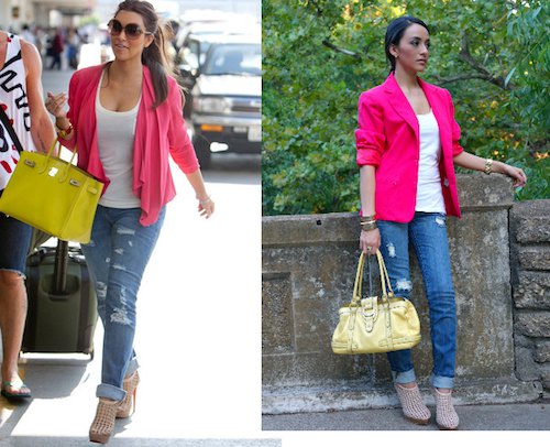 pink blazer with white tank top with scoop neckline and ripped jeans