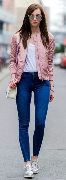 pink bomber jacket royal blue skinny jeans