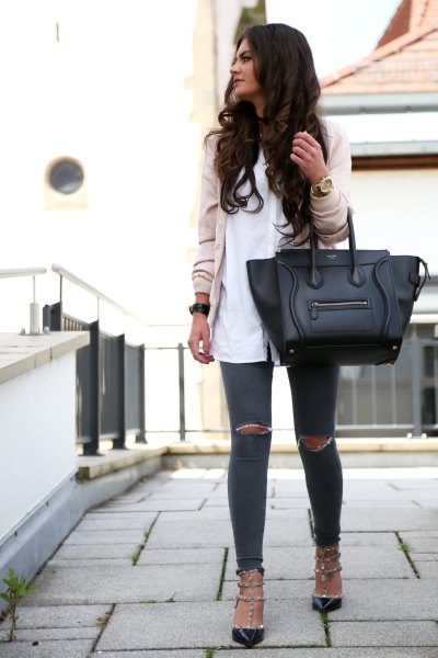 pink bomber jacket white long shirt with buttons