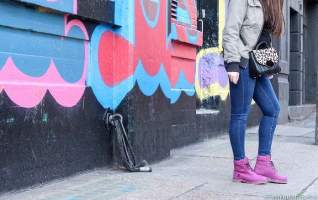pink boots gray bomber jacket skinny jeans