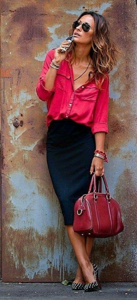 pink chambray shirt with black midi skirt