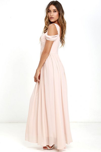 pink floor-length pleated chiffon dress with cold shoulder
