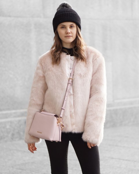 pink faux fur jacket black outfit