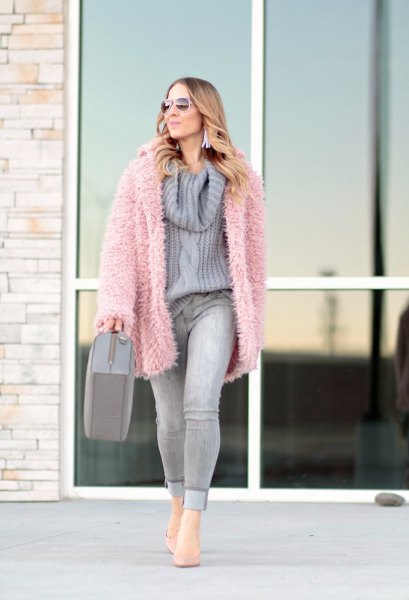 pink faux fur jacket gray knitted sweater with waterfall neckline