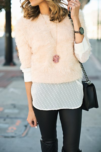 pink fitted fuzzy sweater with white chiffon blouse and leather gaiters