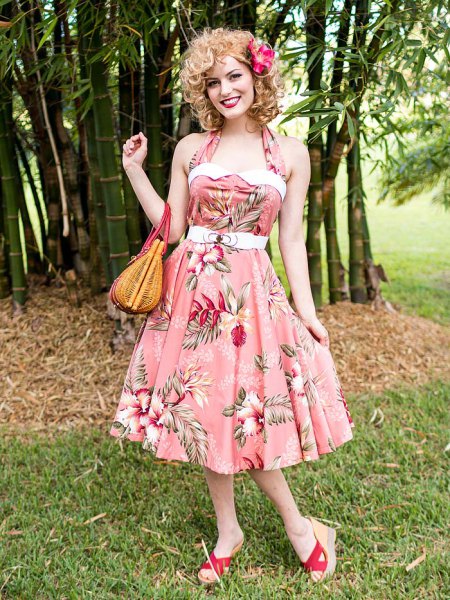 pink halterneck fit with floral print and flared midi dress
