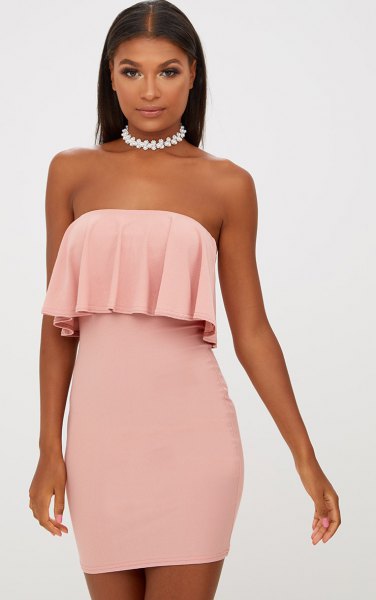 pink pleated shoulder ruffle tube dress