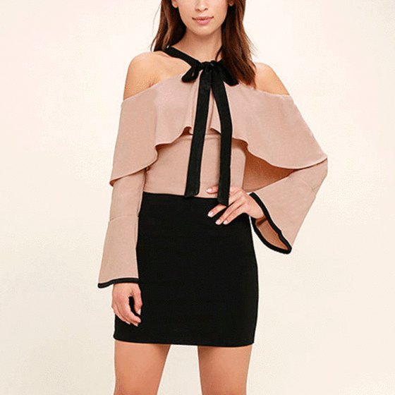 pink pleated shoulder top black mini skirt