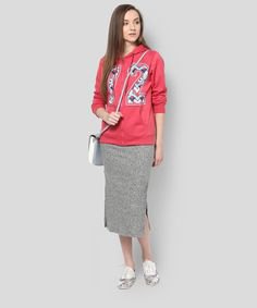 pink graphic sweatshirt with zip and heather gray midi skirt