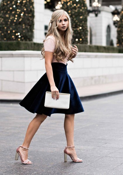 pink heels with dark blue velvet mini skirt