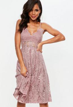 pink lace with a deep V-neckline and a flared midi dress