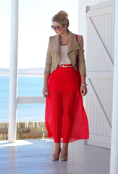 pink leather jacket, red maxi pleated skirt