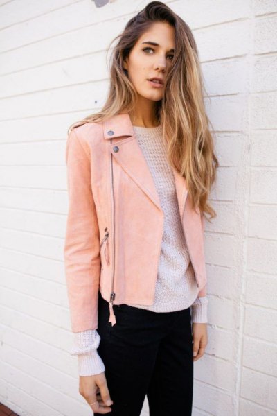 pink leather jacket white ribbed crew neck sweater