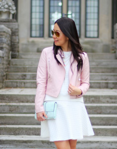 pink leather jacket white top flare mini skirt