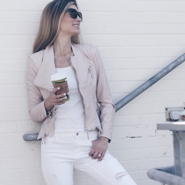 pink leather moto jacket all white outfit