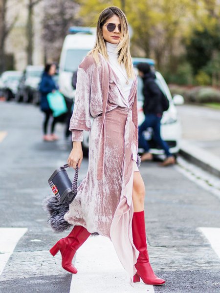pink long-sleeved maxi wrap dress with light gray turtleneck sweater