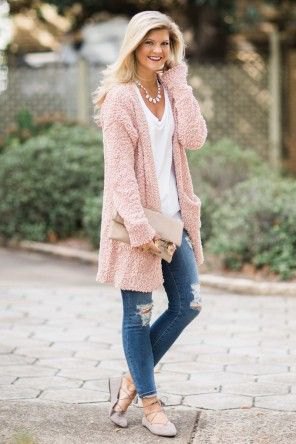 pink longline cardigan with ripped skinny jeans
