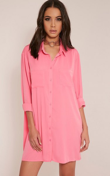pink mini shirt dress with buttons and brown collar in boho style