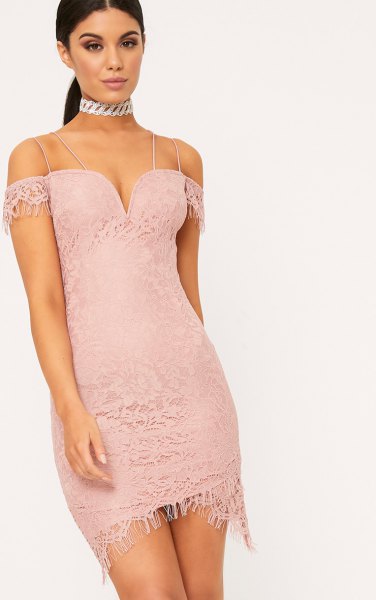 pink off the shoulder lace v-neck dress