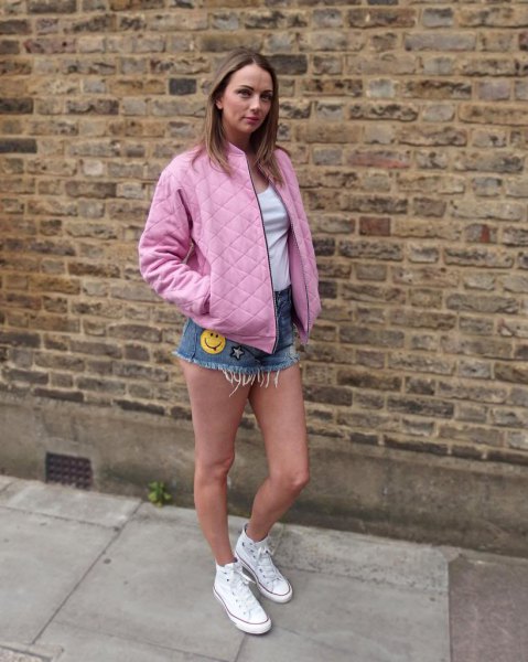 pink oversized puffer jacket jean shorts talk