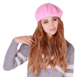pink painter hat gray white knitted sweater