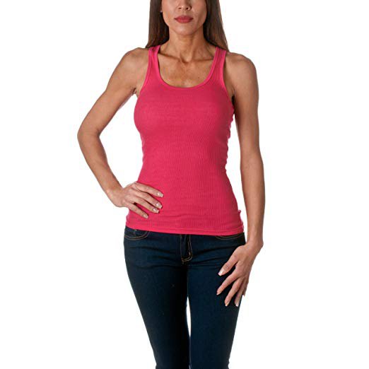 pink ribbed tank top with dark blue skinny jeans