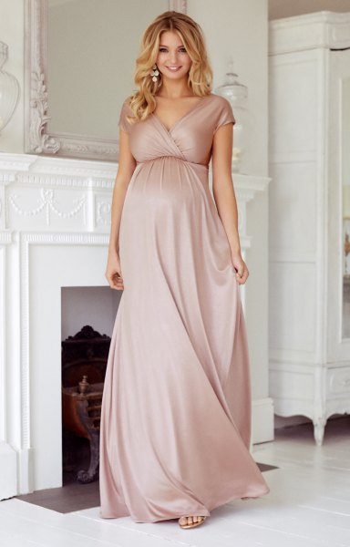 pink short-sleeved maxi wrap dress for pregnant women