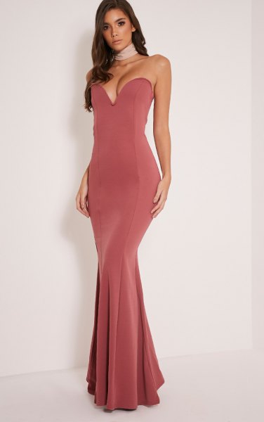 pink strapless maxi fishtail dress with deep V-neckline