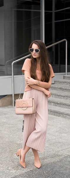 pink t-shirt with blush pleated elastic waist wide leg pleated pants