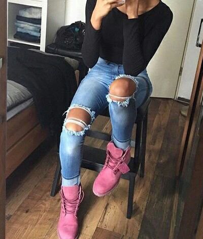 pink Timberland boots black bodycon t-shirt