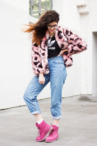 pink Timberland boots pink faux fur coat