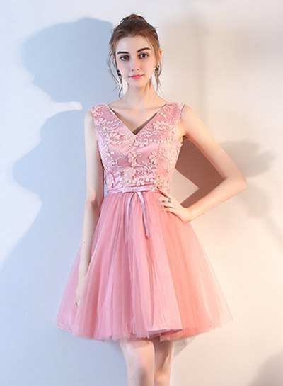 pink two-tone lace with a V-neckline and a chiffon mini-cocktail dress